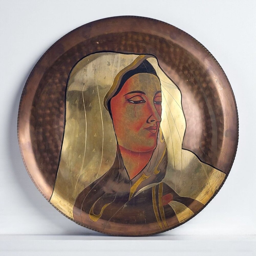Large Vintage Brass Wall Plate Hand Painted Woman Portrait Madonna Style MCM Art